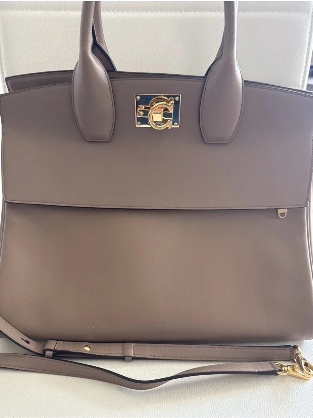 Salvatore Ferragamo Biege Leather Studio Top Handle Bag Gold Hardware